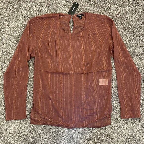 Express Womens Metallic Sheer Gathered Shoulder Long Sleeve Top Size XS NWT $54 - Picture 7 of 16